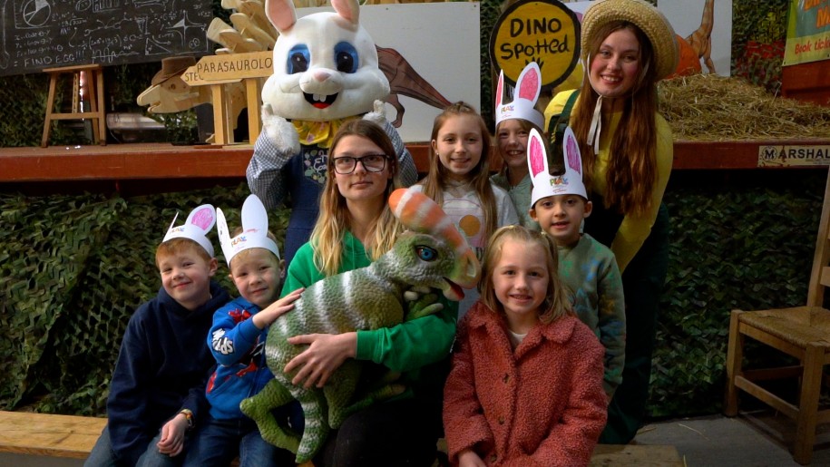 Baby dino and Easter Bunny with children at PLAY@ Lower Drayton Farm.