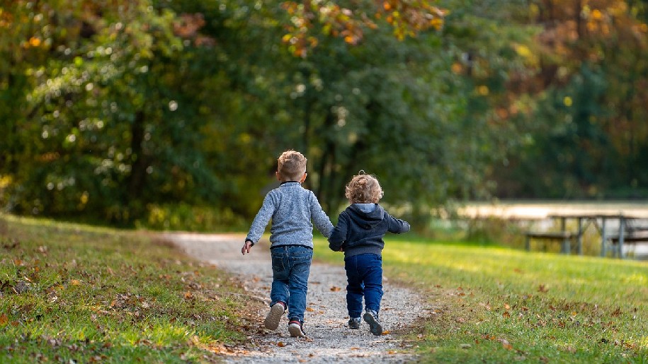 Generic Children two boys holding hands walking amongst trees