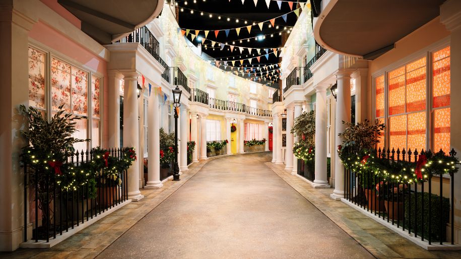 fake street set up with lots of bunting