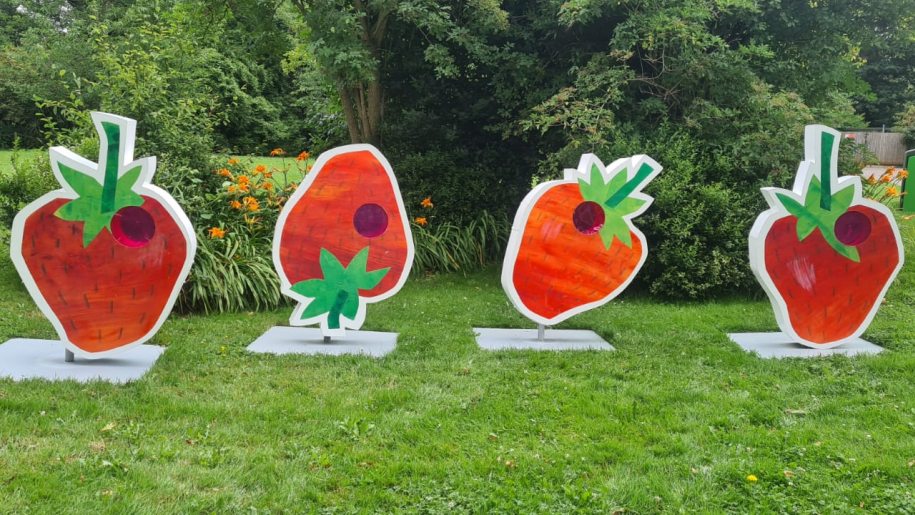 Strawberry cut-outs on The Very Hungry Caterpillar trail at Marwell Zoo.