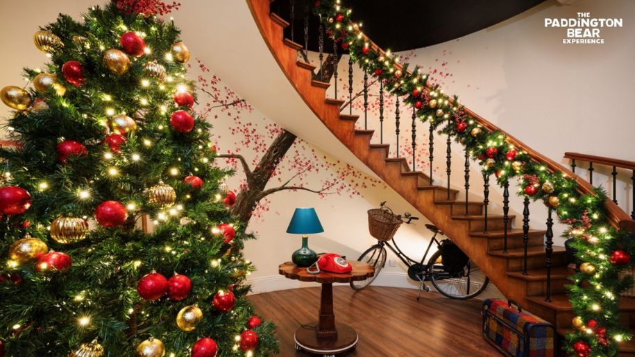 Image of the paddington bear staircase and a christmas tree and decorations