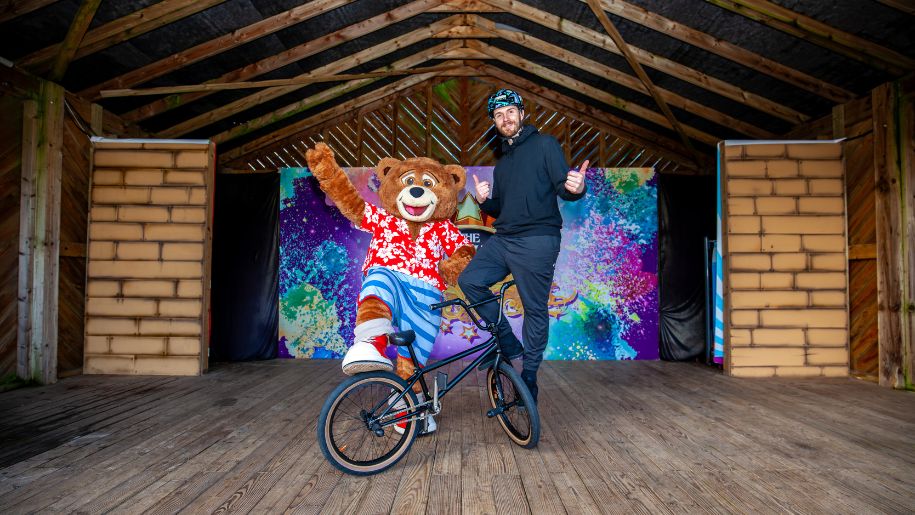 Mascot and stunt man with a BMX at Crealy