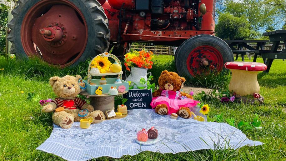 Teddy Bears enjoying a tea party on a rug.
