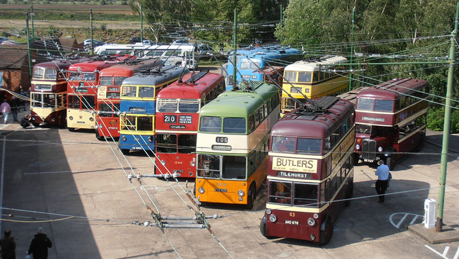8 Trollybusses at the Trollybus Museum lined up in a row.
