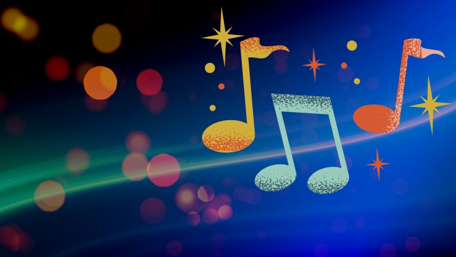 Graphic of music notes, stars and lights on a dark blue background.