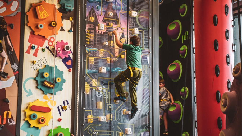 A climbing wall at Crazy Climb Swansea.