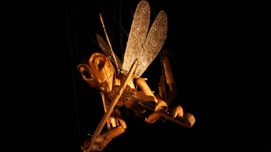 A dragonfly marionette playing a violin.