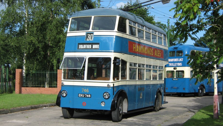 A double-decker trolleybus at The Trolleybus Museum.