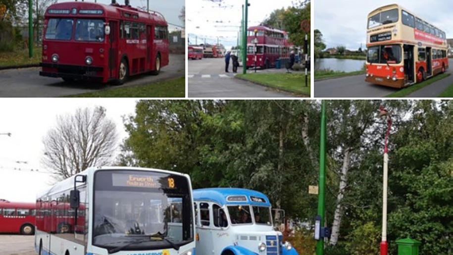 Collage of pictures of vintage vehicles at The Trolleybus Museum.