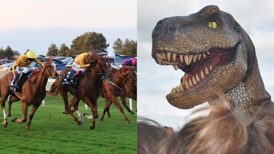 Racehorses and a dinosaur.