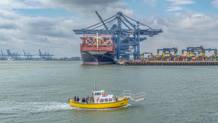 A yellow boat in Harwich Harbour.