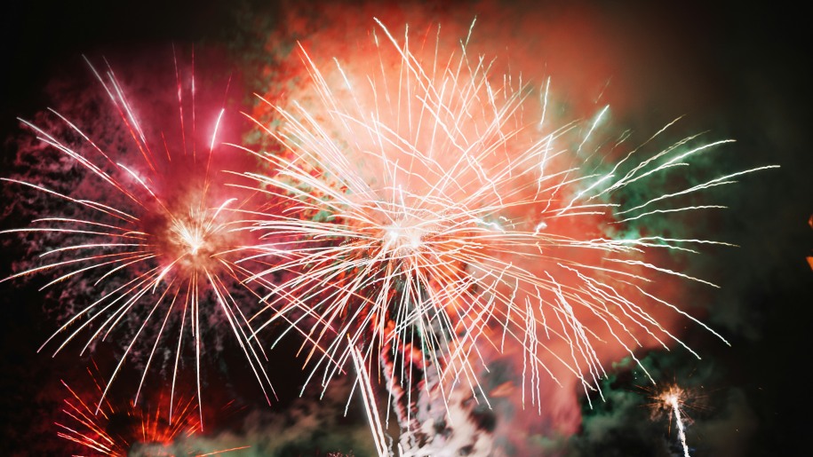 Colourful fireworks exploding in the dark sky.