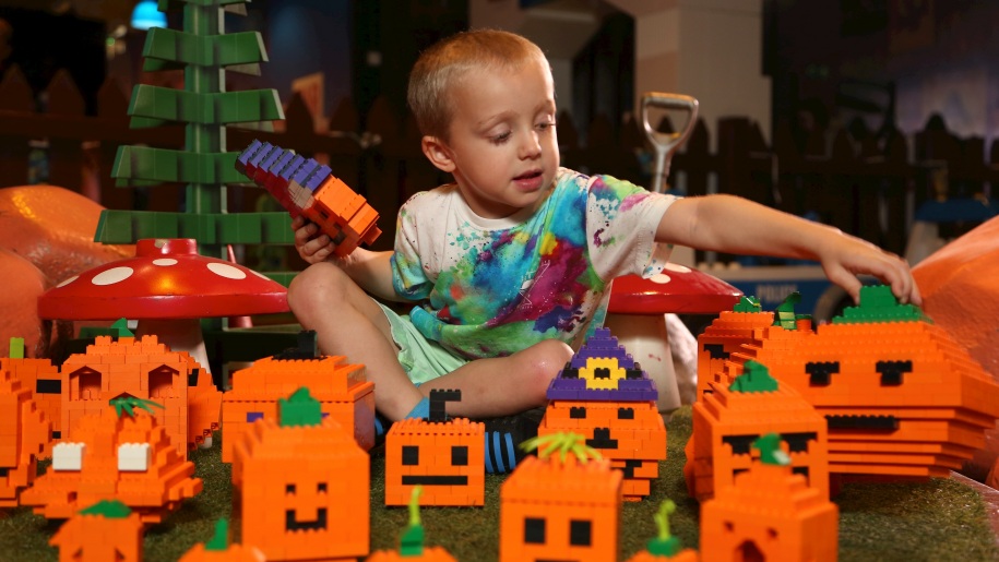 Child in pumpkin patch made out of LEGO bricks.