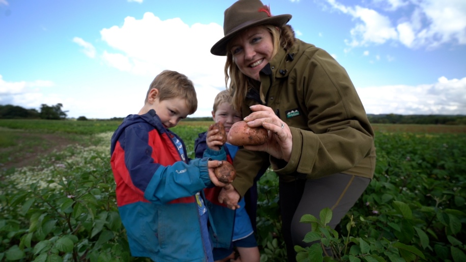 Adult and two young children holding freshly dug potatoes during Lower Drayton Farm's harvest event.