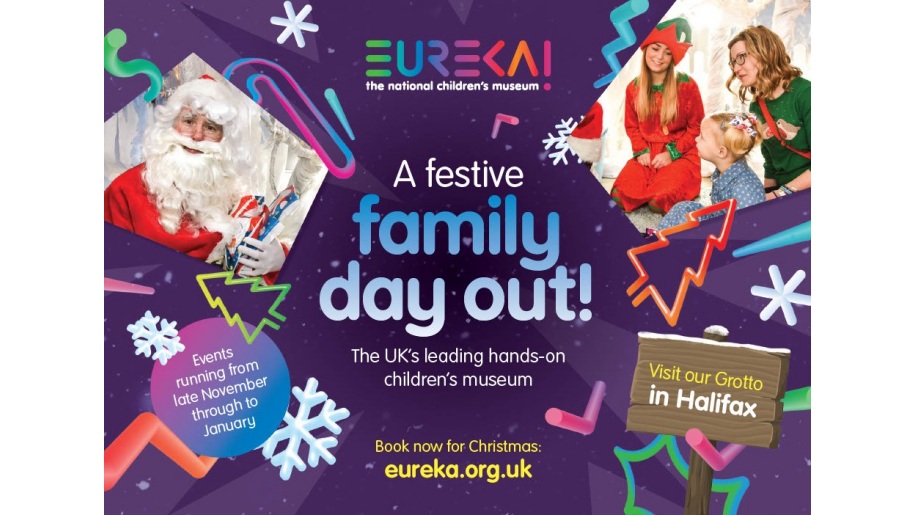 Poster for festive events including Santa's Grotto at Eureka in Halifax, West Yorkshire.