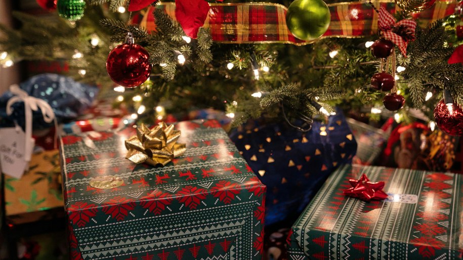 Christmas presents under a decorated Christmas tree.