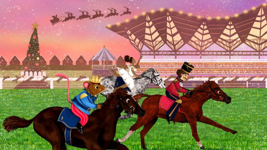 Colourful drawing of festive characters on racehorses at Ascot's Christmas family raceday.