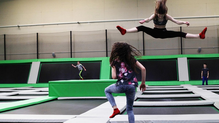 The main trampoline court at AirHop Blackpool.