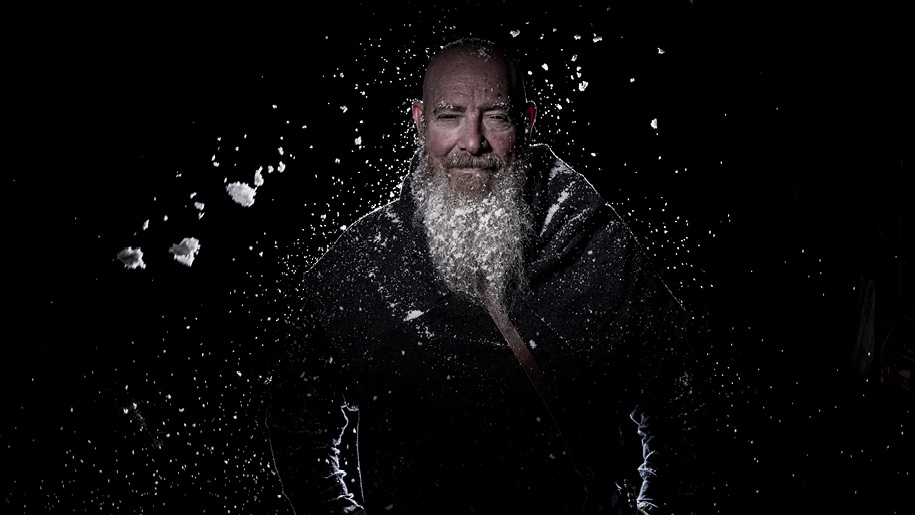 A Viking in a winter snow shower.