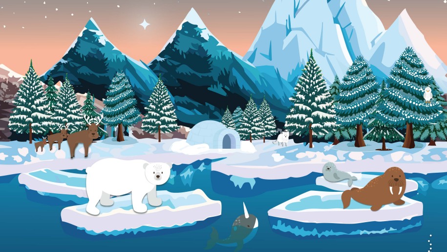 Graphic of arctic animals in an icy winter landscape.