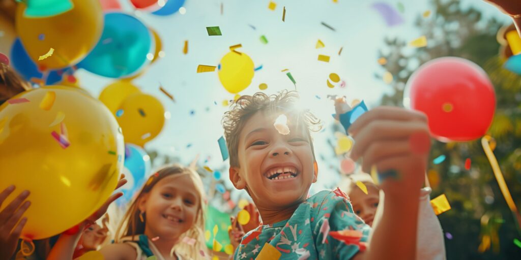 Party Poppers and balloons around a party of children