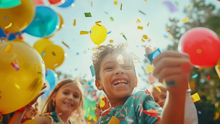 Party Poppers and balloons around a party of children