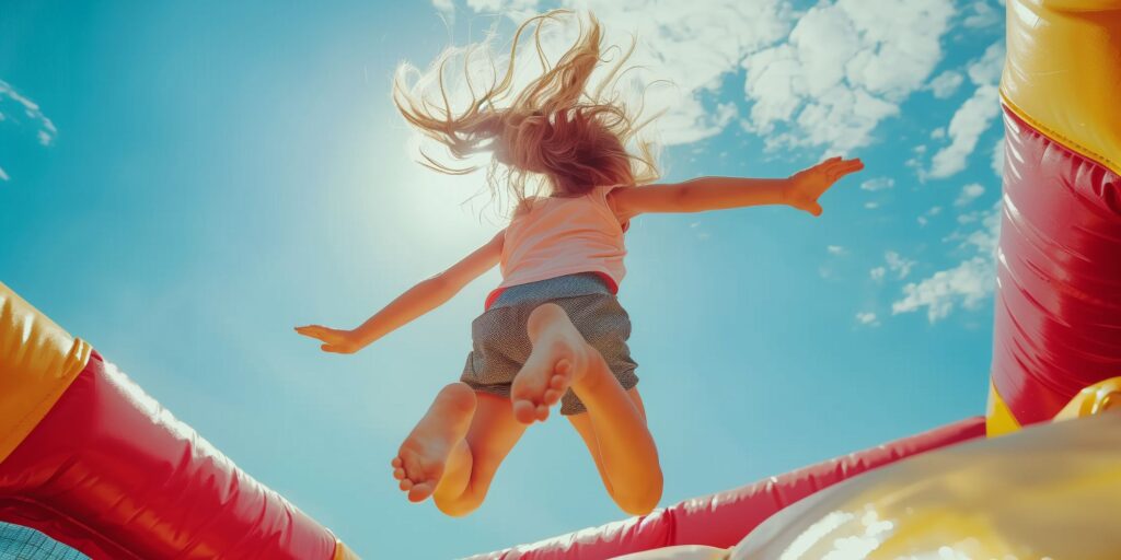 girl jumps on a bouncy castle with blue sky above her