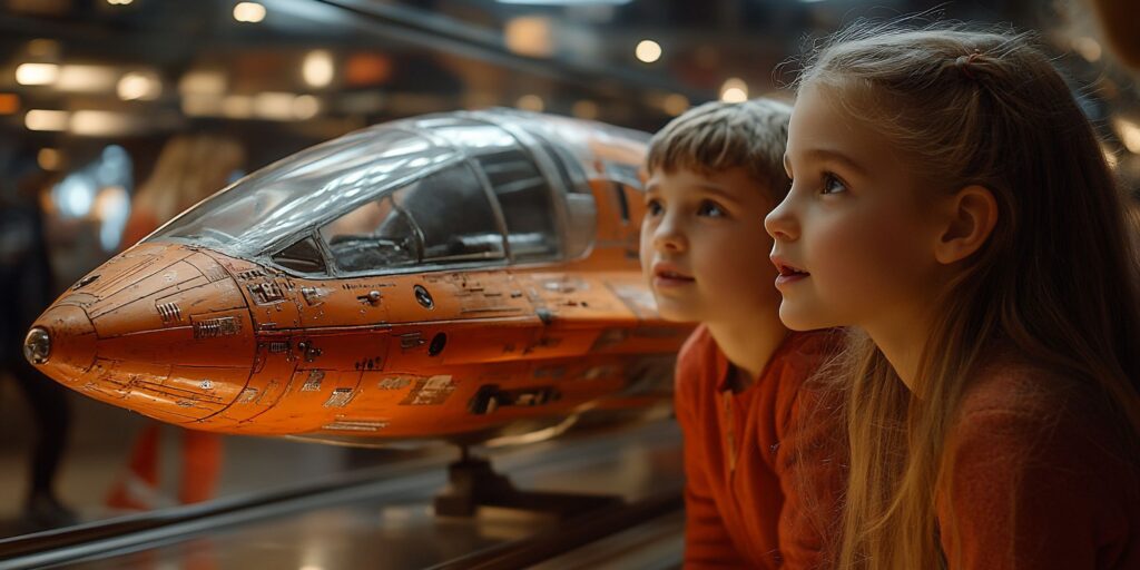boy and girl looking at aeroplane model