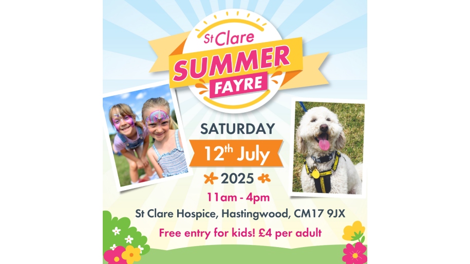 Poster with pictures of children and a dog for St Clare Summer Fayre.