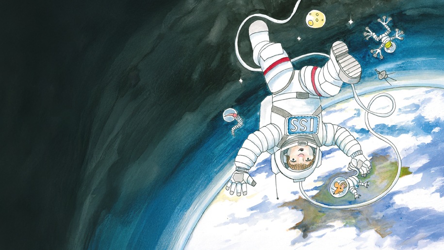 An ISS astronaut shown falling through space.