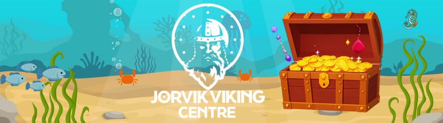 graphic of treasure chest underwater with Jorvik logo