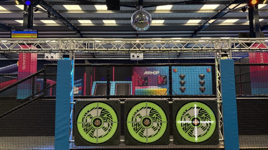 Multi-coloured trampoline attractions at AirHop Gloucester.