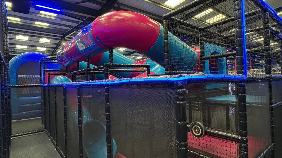 Multi-coloured tube slides at AirHop Gloucester.