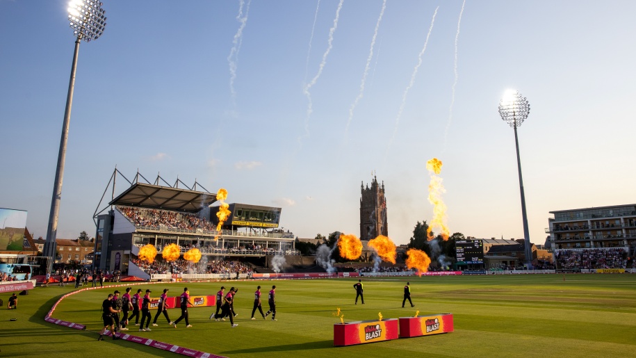 Players walking out onto the ground at Somerset County Cricket Club.