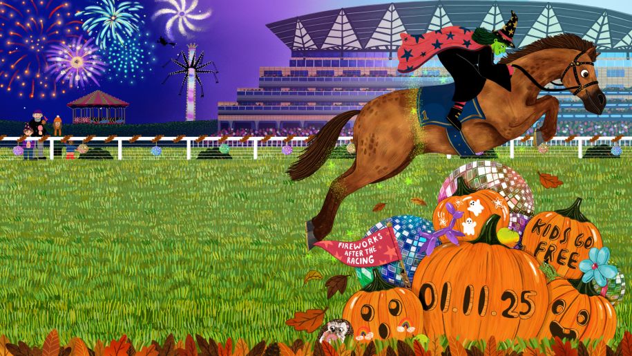 Graphic of fireworks and a horse jumping over pumpkins at Ascot Racecourse.