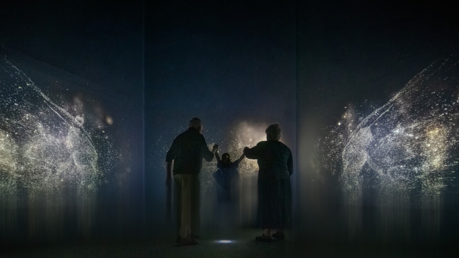 A family walking through a darkened space with lighting effects.