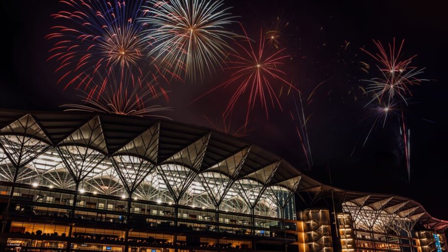 ascto grandstand lit up at night