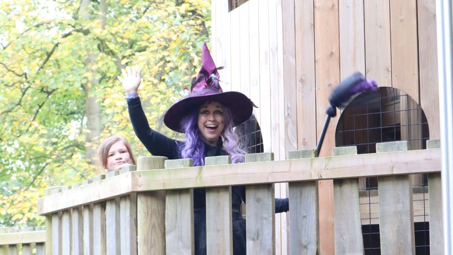 woman dressed as witch on wooden bridge