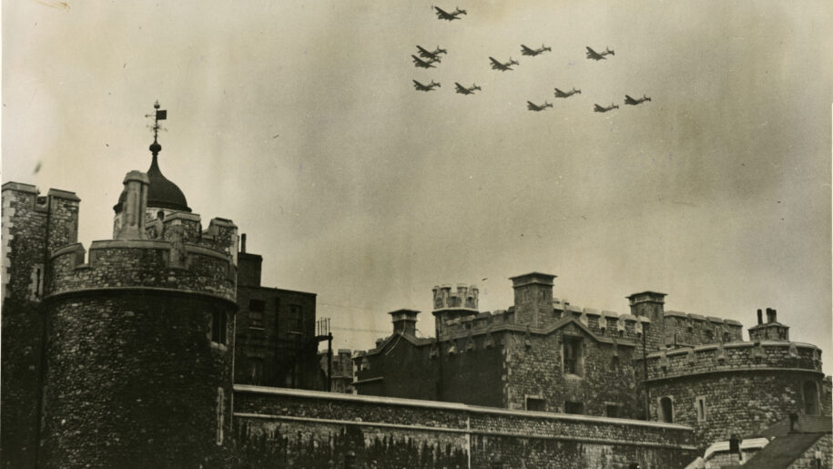 Lancasters of 35 Bomber Squadron leading a fly past the Tower of London in commemoration of the Sixth Anniversary of the Battle of Britain, seen from the north moat