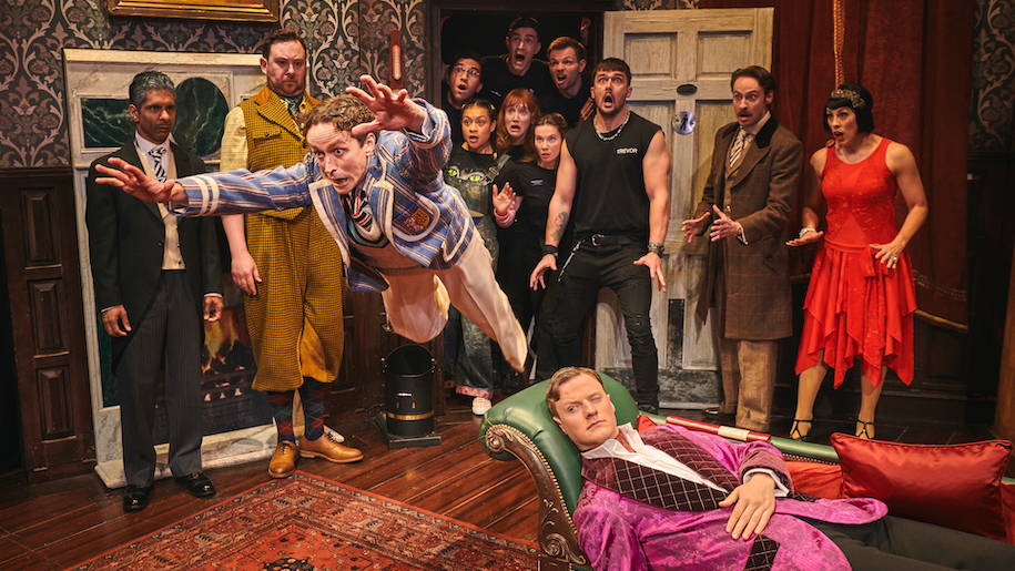 Shot of the cast of the play that goes wrong