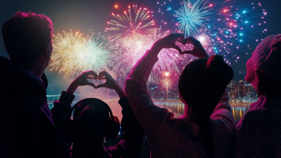 silloheuttes of heart hands infront of fireworks in sky