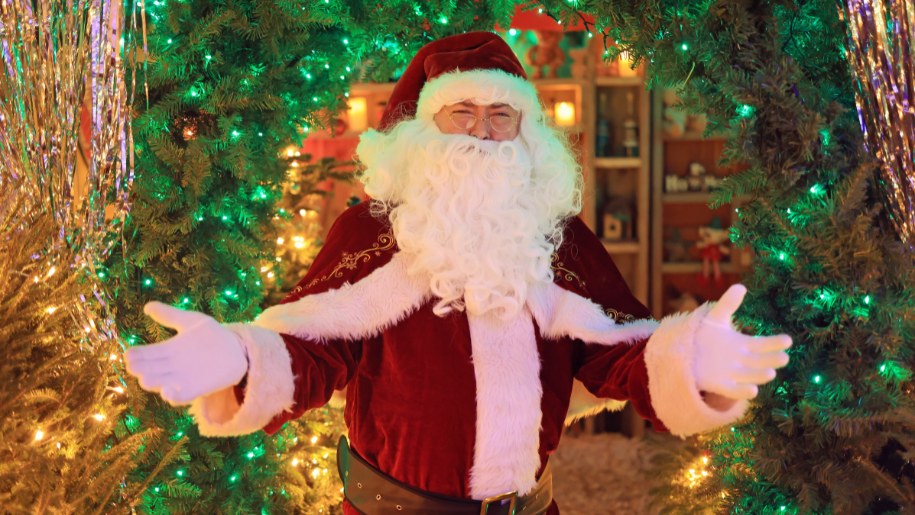 Father Christmas in front of a Christmas tree.