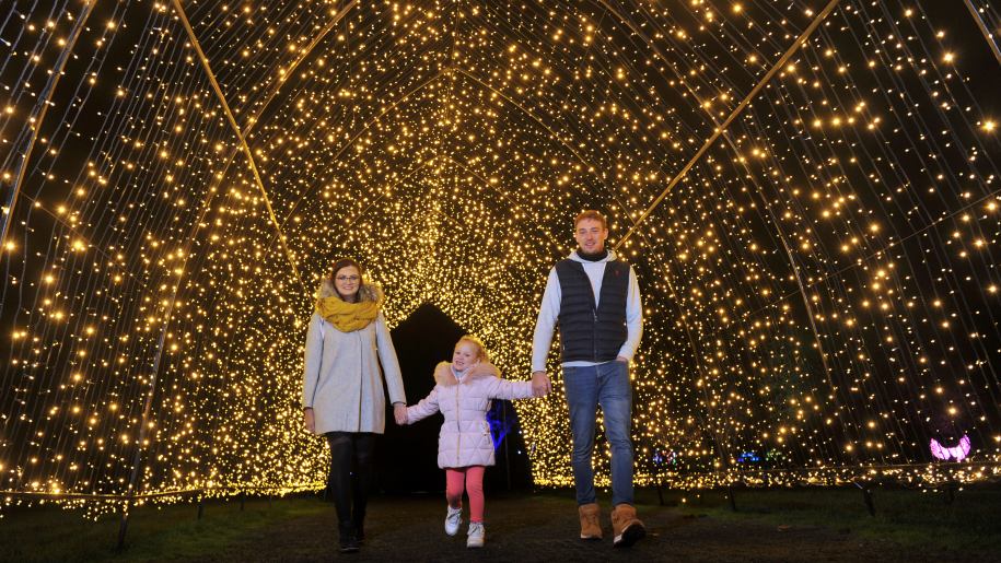 Family in a tunnel of winter lights.