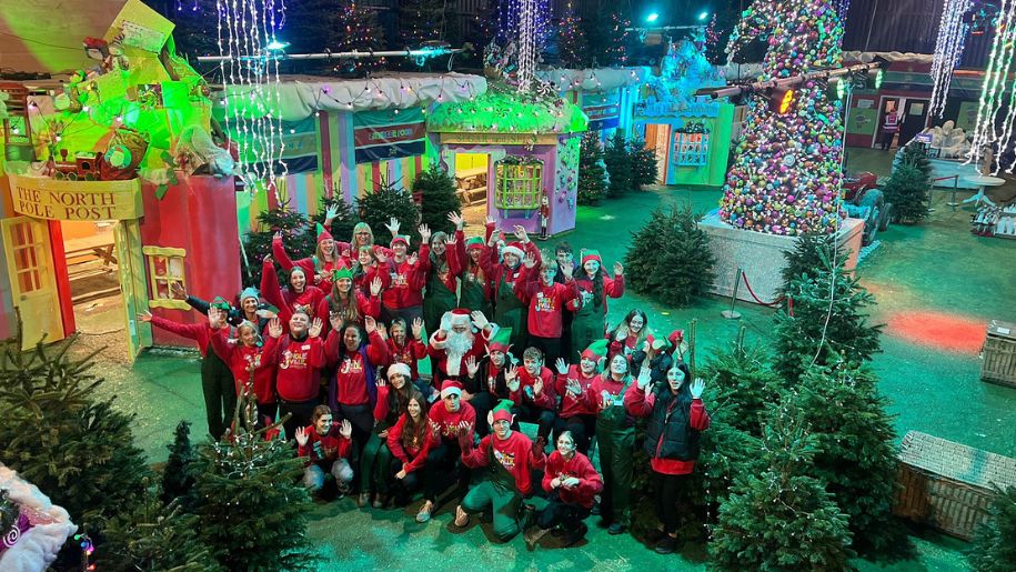 staff at christmas event drone shot