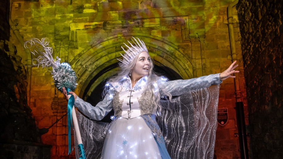 The Ice Queen outside Edinburgh Castle illuminated for Christmas.