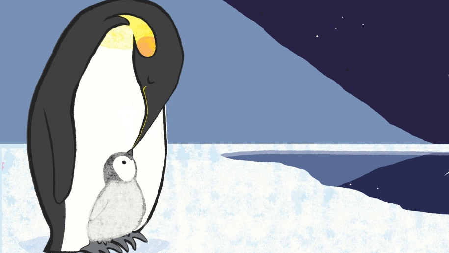Drawing of a tiny penguin looking up at an adult penguin.