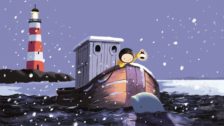 Drawing of a young child looking over the side of a boat at a whale in a snowstorm.