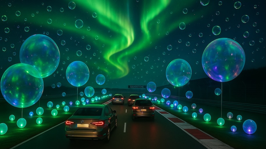 Cars driving around a race circuit lit up by blue and green light installations.