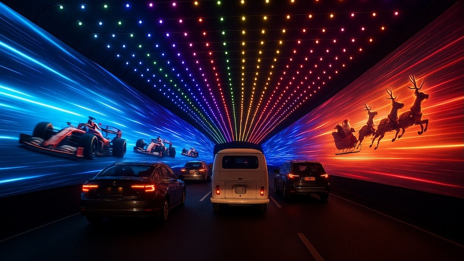Cars driving along a Christmas light trail at a race circuit.