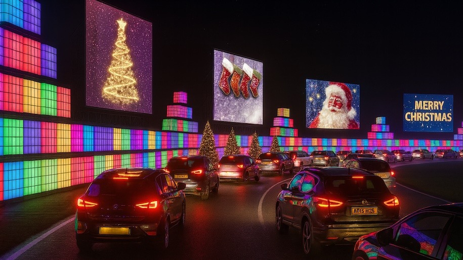 Cars driving along a Christmas light trail at a race circuit.